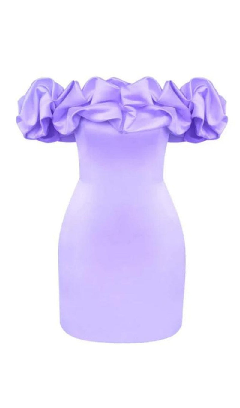 SATIN A-LINE NECKLINE POD RUFFLE MINI DRESS IN PURPLE