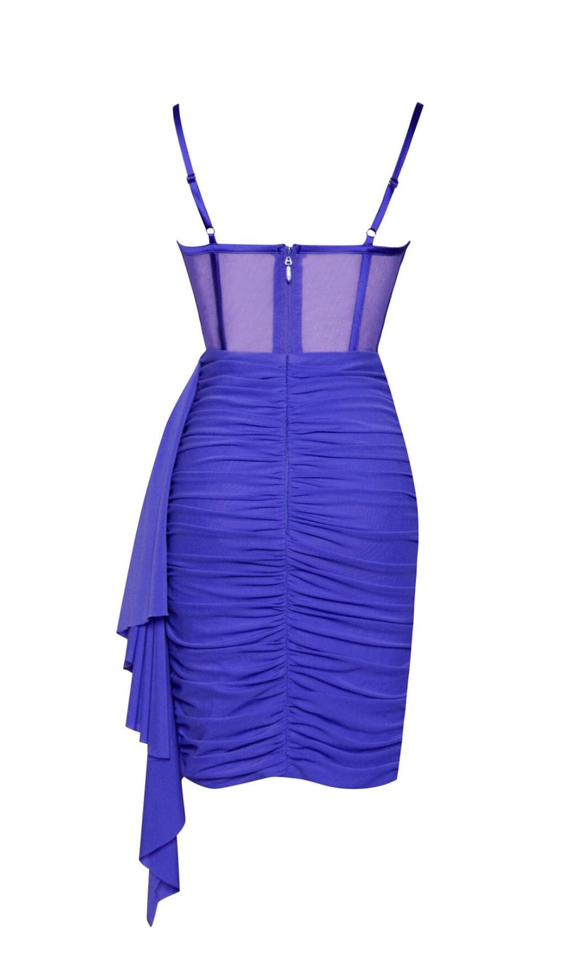 YOLIE ROYAL BLUE RUCHED DRAPING MESH CORSET DRESS