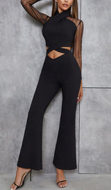 MESH STITCHED CROSS-TIE JUMPSUIT IN BLACK