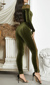 OLIVE GREEN VELVET CASUAL LONG-SLEEVED TIGHT MESH JUMPSUIT