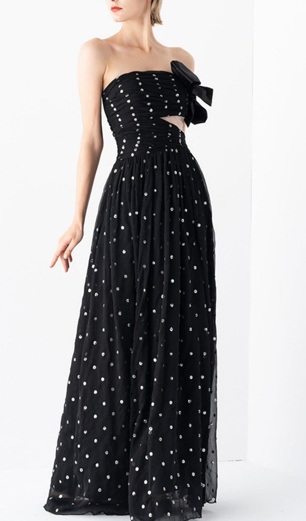 POLKA DOT BANDEAU DRESS IN BLACK