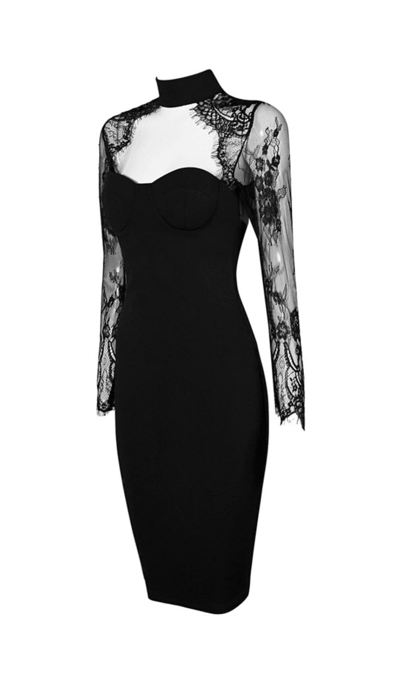 BLACK LACE STITCHED CHEST HOLLOW DRESS