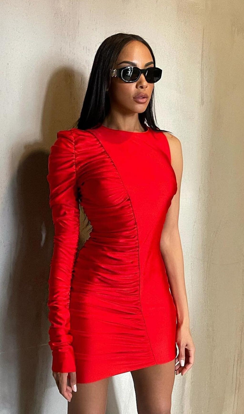 ONE SHOULDER RUCHED MINI DRESS IN RED