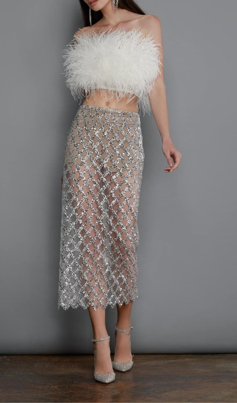 FEATHER SEQUIN TWO PIECE SET IN WHITE