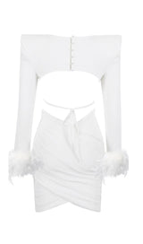 SHOULEDR PAD WAIST BARING FEATHER BLOUSE PLEATED DRESS IN WHITE