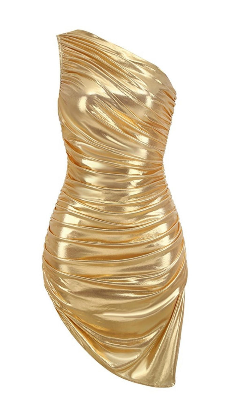 ONE SHOULDER RUCHED MINI DRESS IN GOLD