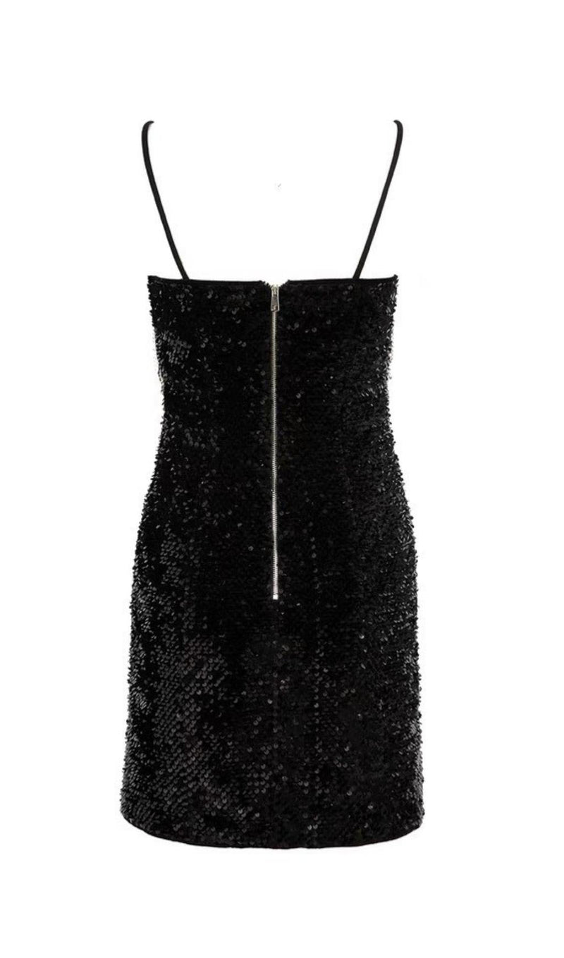 FRINGED SEQUIN MINI DRESS IN BLACK