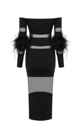 BANDAGE OFF-SHOULDER FEATHER MIDI DRESS IN BLACK