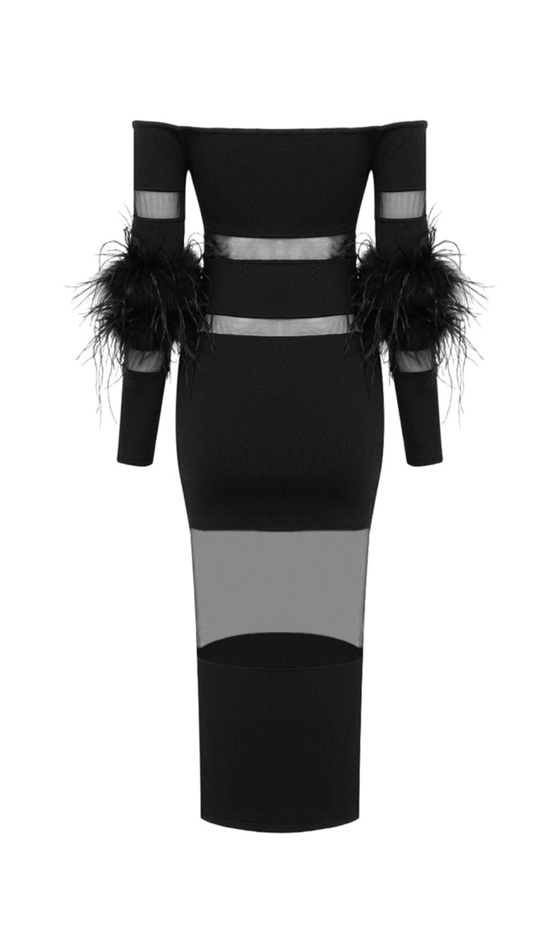 BANDAGE OFF-SHOULDER FEATHER MIDI DRESS IN BLACK