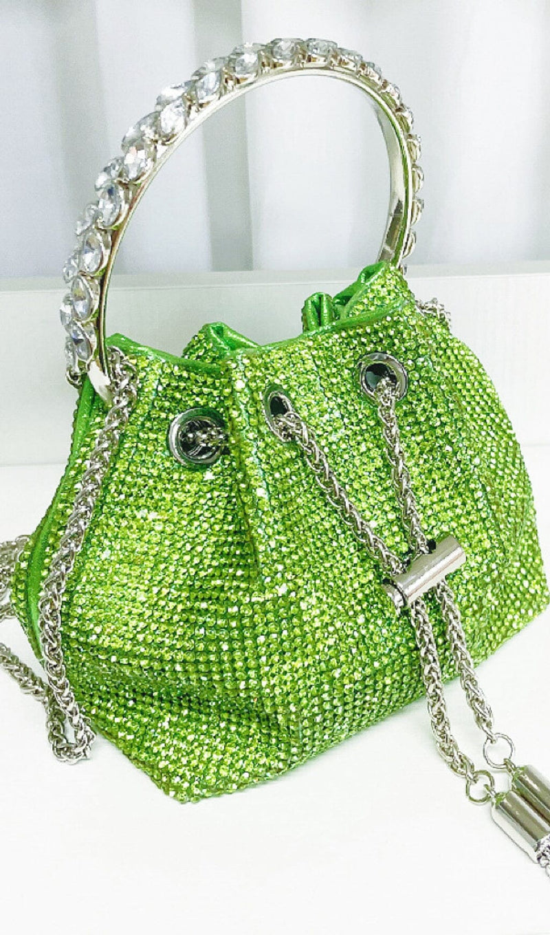 CRYSTAL EMBELLISHED BUCKET BAG IN GREEN