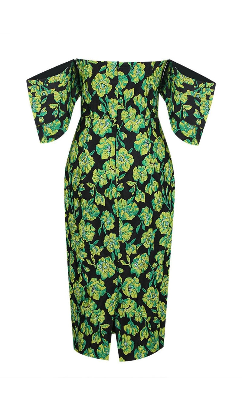 JACQUARD STRAPLESS MIDI DRESS IN GREEN