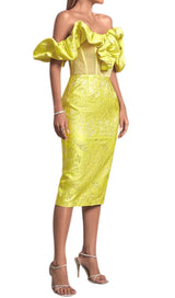 JACQUARD STRAPLESS MIDI DRESS IN YELLOW