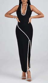 BLACK V NECK SLIT PEARL MIDI DRESS