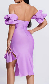 STRAPLESS DRAPED SLEEVE SLITS BANDAGE DRESS IN PURPLE