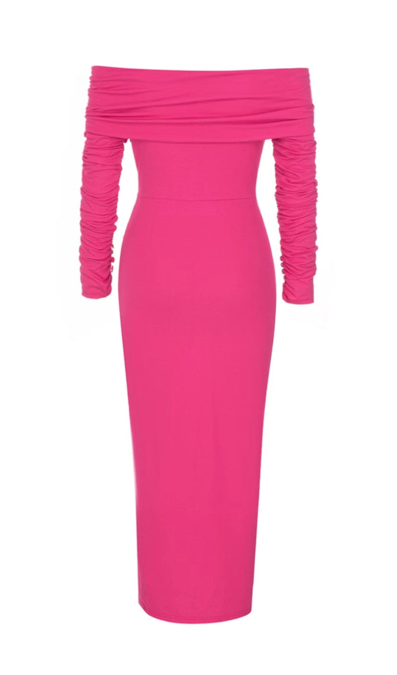 PLEATED OFF SHOULDER HIGH SPLIT DRESS IN BRIGHT PINK