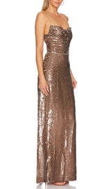 SEQUIN BACKLESS MAXI DRESS IN BROWN