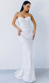 WHITE SEQUIN LACE STRAPLESS MAXI DRESS