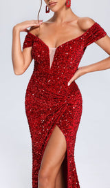 RED OFF-SHOULDER SEQUIN DRESS