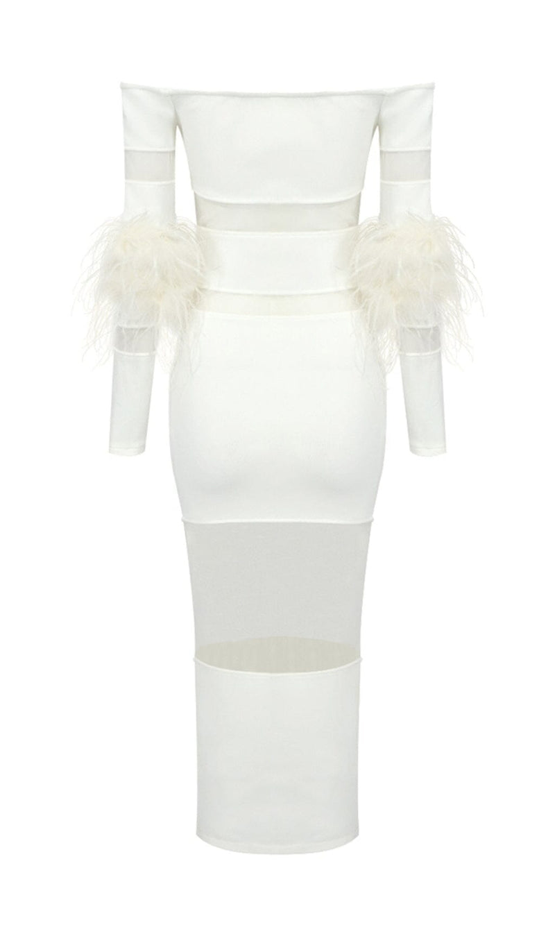 BANDAGE OFF-SHOULDER FEATHER MIDI DRESS IN WHITE