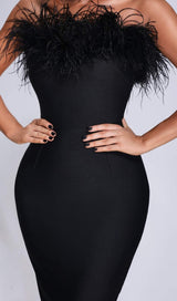 FEATHER BODYCON MAXI DRESS IN BLACK