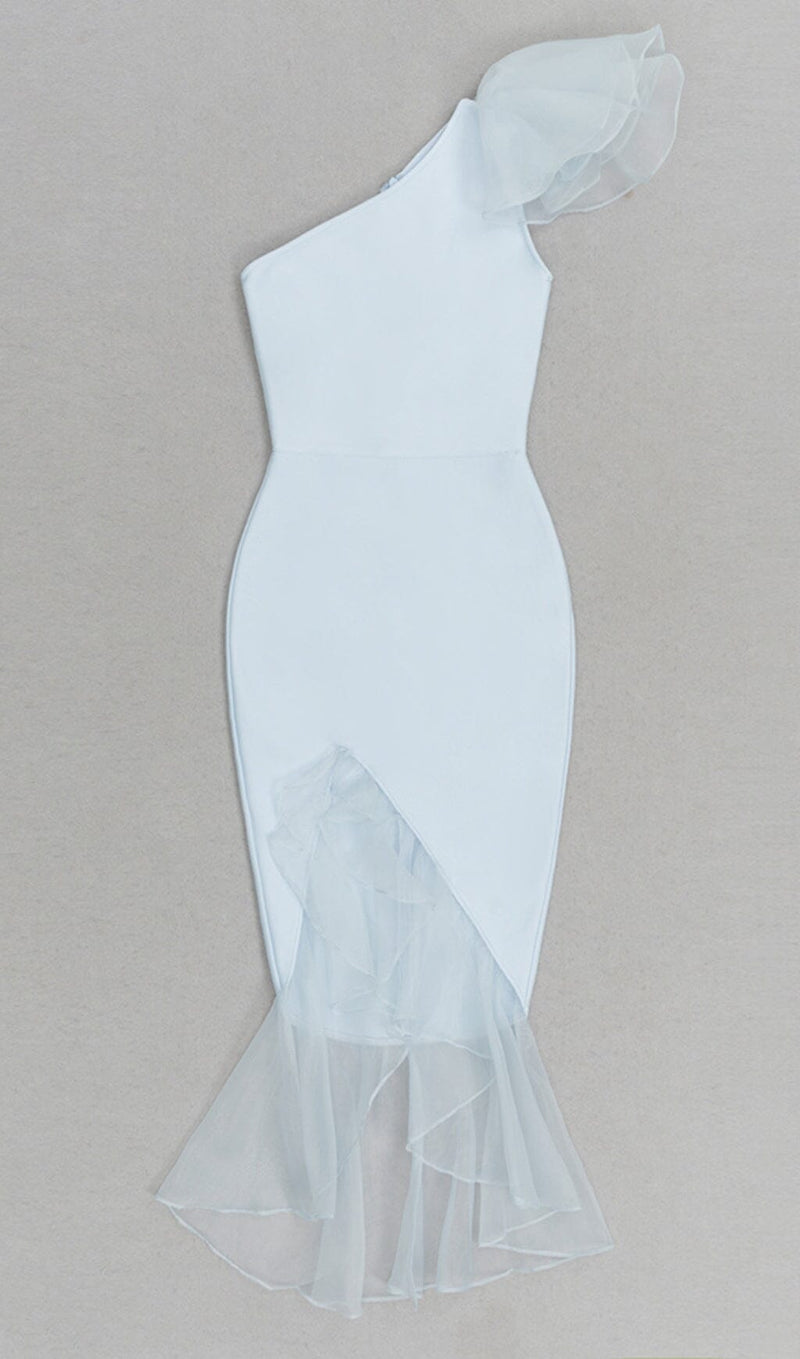 BANDAGE ONE-SHOULDER MIDI DRESS IN LIGHT BLUE