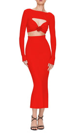 CUTOUT LONG SLEEVE MIDI DRESS IN RED