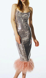 STRAPLESS SEQUIN FEATHER MIDI DRESS IN SILVER