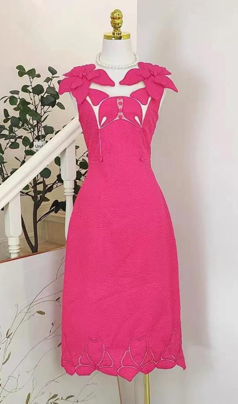 PINK JACQUARD EMBROIDERY MIDI DRESS