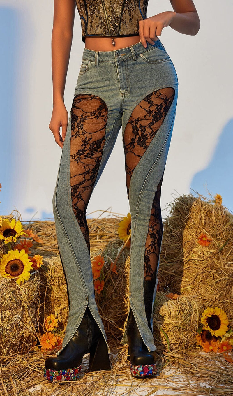 LACE PANELED HIGH RISE SKINNY JEANS