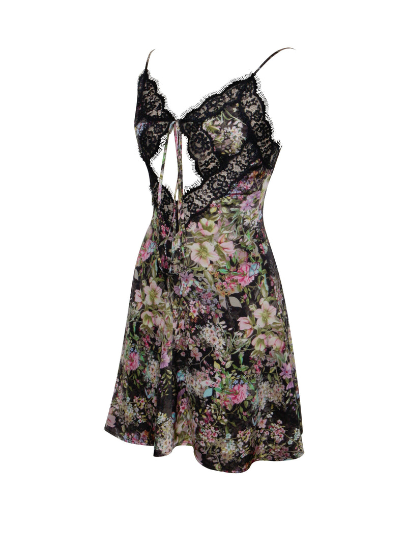 FLORAL PRINT SATIN MINI DRESS WITH LACE TRIM