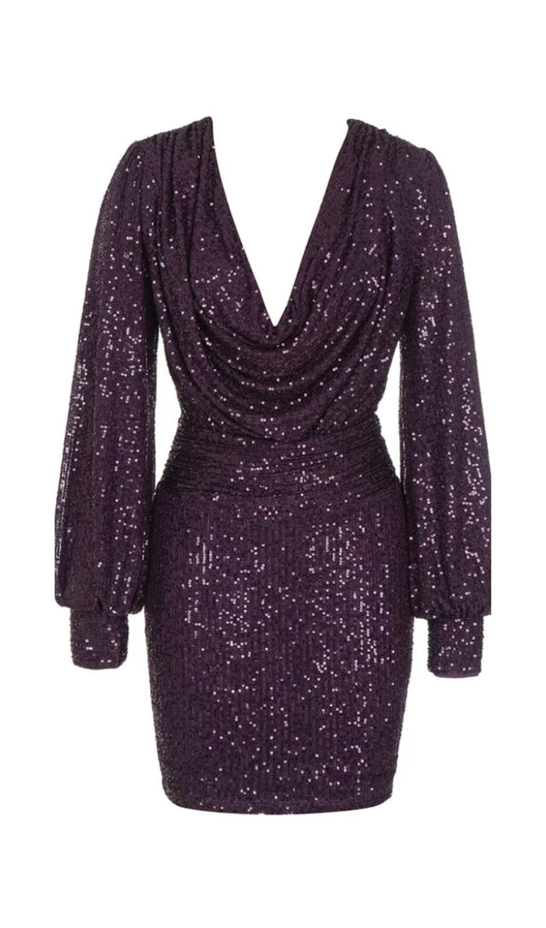 GLITTER PLEATS BIG V-NECK WRAP HIP DRESS IN PURPLE