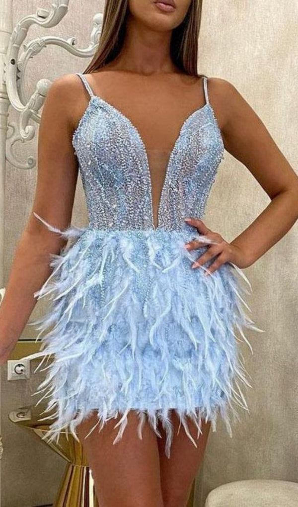 FEATHER WRAP HALTER SWEETHEART MINI DRESS IN BLUE