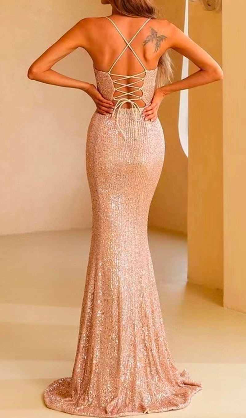 LIGHT PINK SEQUIN BACK CROSS-TIE MAXI DRESS