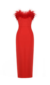 STRETCH STRAPLESS FEATHER TRIMMED GOWN IN RED