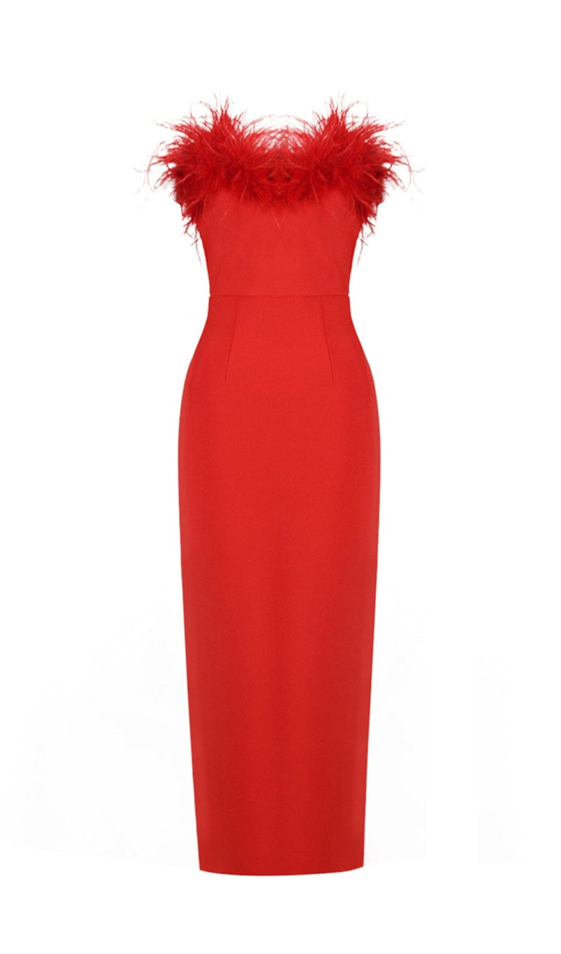 STRETCH STRAPLESS FEATHER TRIMMED GOWN IN RED