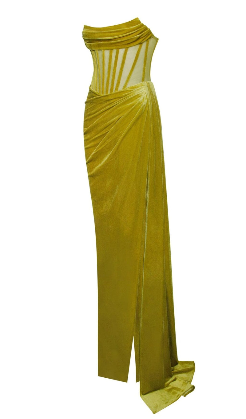 PRIYA GOLD DRAPING CORSET HIGH SLIT VELVET GOWN