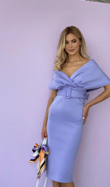 OFF SHOULDER V NECK BODYCON MIDI DRESS IN PURPLE