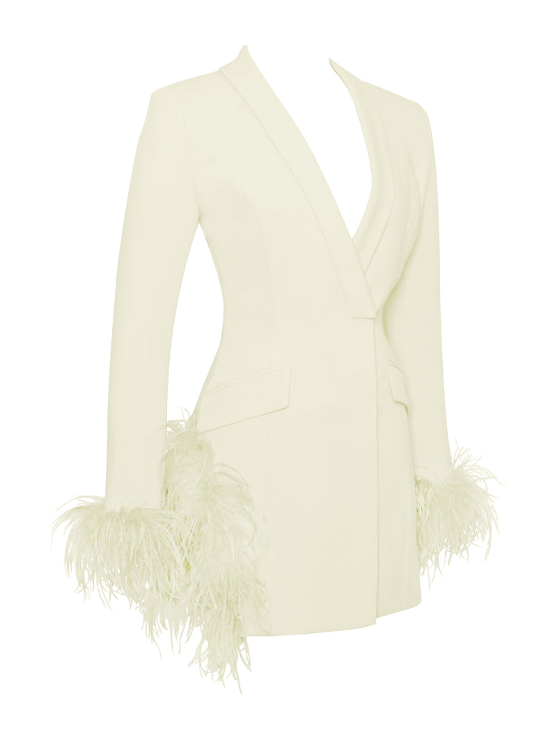 PEARL WHITE FEATHER TRIM BLAZER DRESS