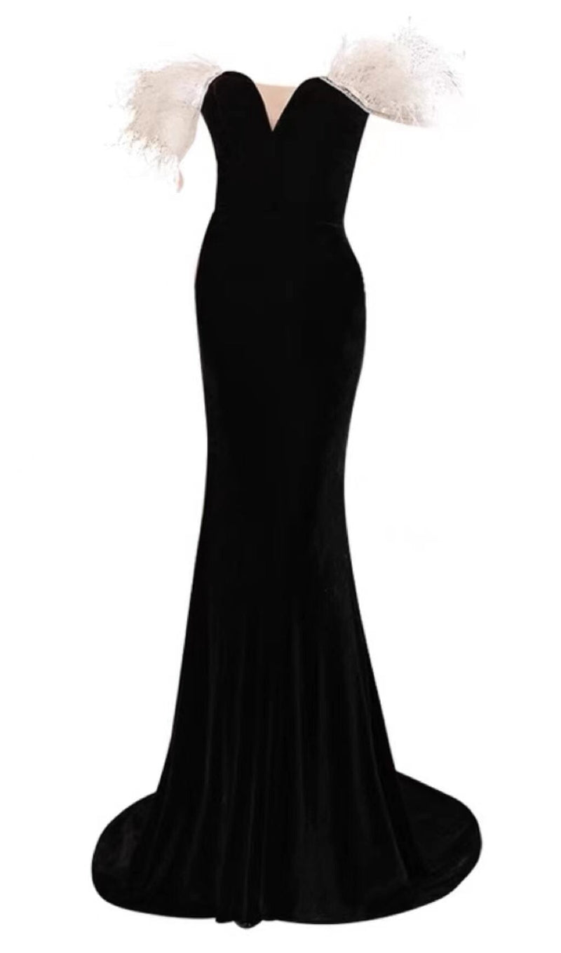 ELEGANT FEATHER OFF SHOULDER FISHTAIL MAXI DRESS IN BLACK