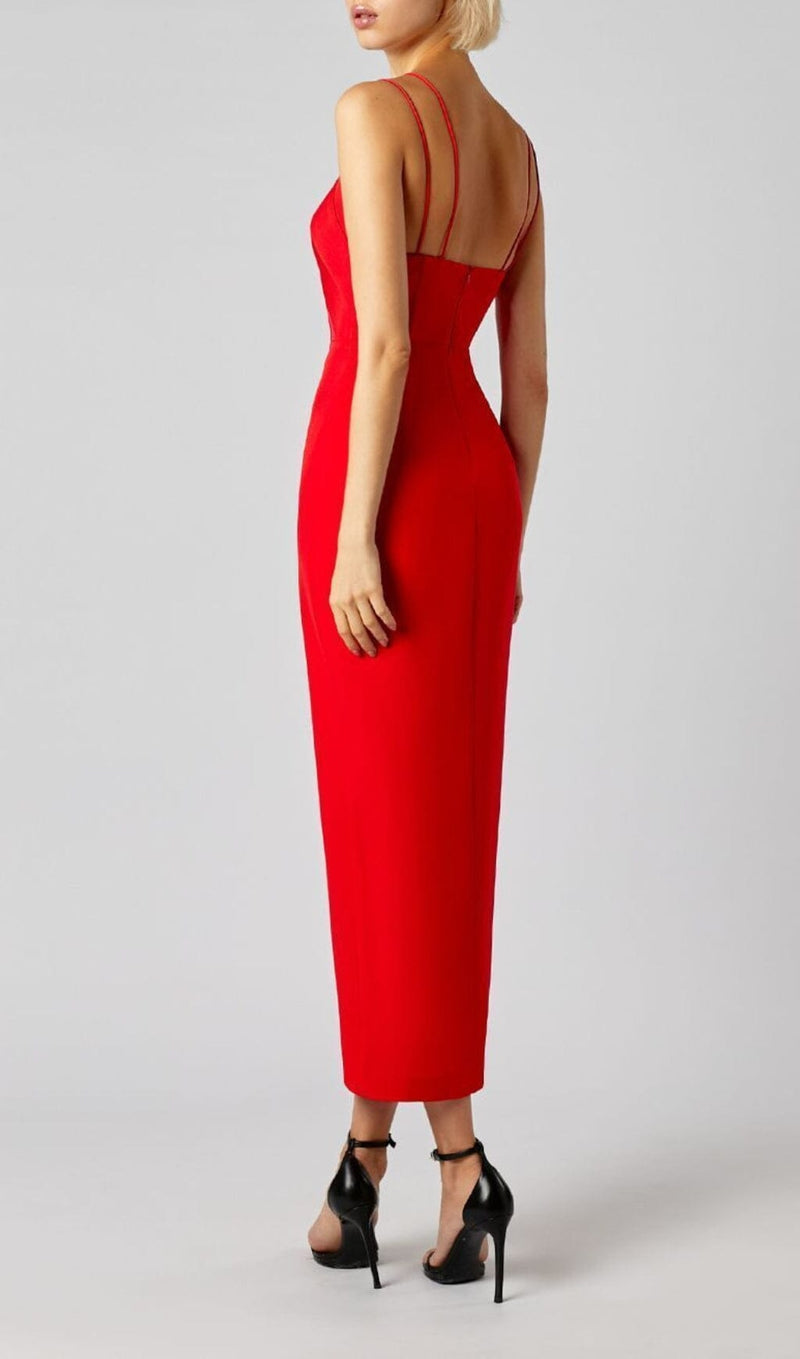 SLEEVELESS KEY HOLE SPLIT BACKLESS RED BANDAGE MIDI DRESS