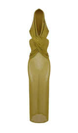 GINGER YELLOW SHEER EVENING GOWN WITH DRAPED HOOD