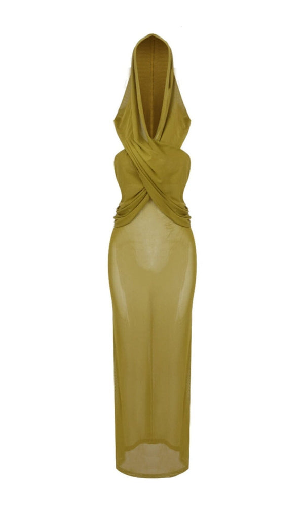 GINGER YELLOW SHEER EVENING GOWN WITH DRAPED HOOD