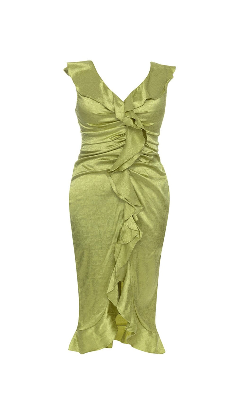 PLUS RUFFLE TRIM SATIN DRESS IN GREEN