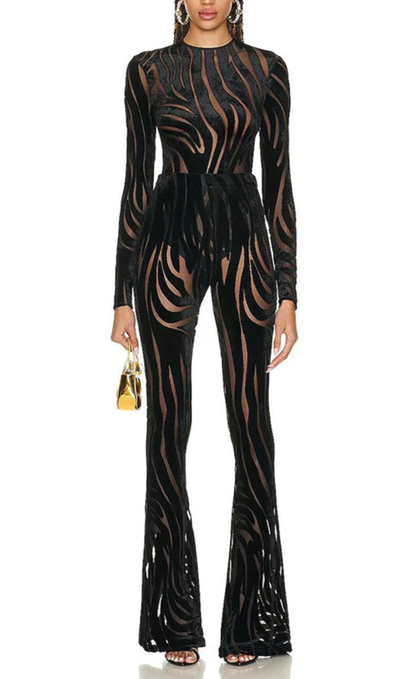 ZEBRA PRINT SHEER CARVED VELVET JUMPSUIT SET