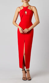 SLEEVELESS KEY HOLE SPLIT BACKLESS RED BANDAGE MIDI DRESS