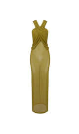 GINGER YELLOW SHEER EVENING GOWN WITH DRAPED HOOD