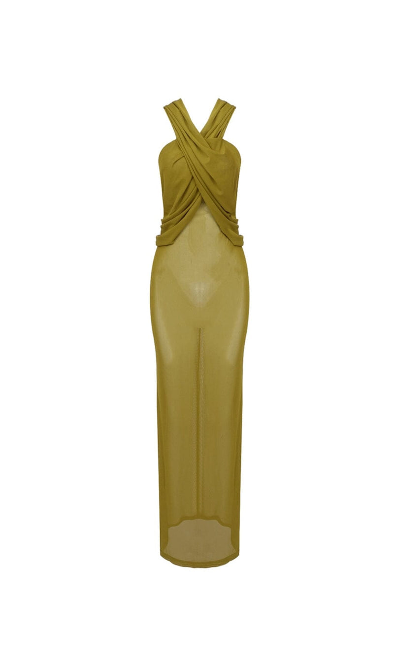 GINGER YELLOW SHEER EVENING GOWN WITH DRAPED HOOD