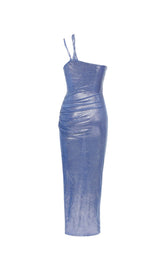 ONE SHOULDER CUT OUT SPLIT METALLIC DRESS