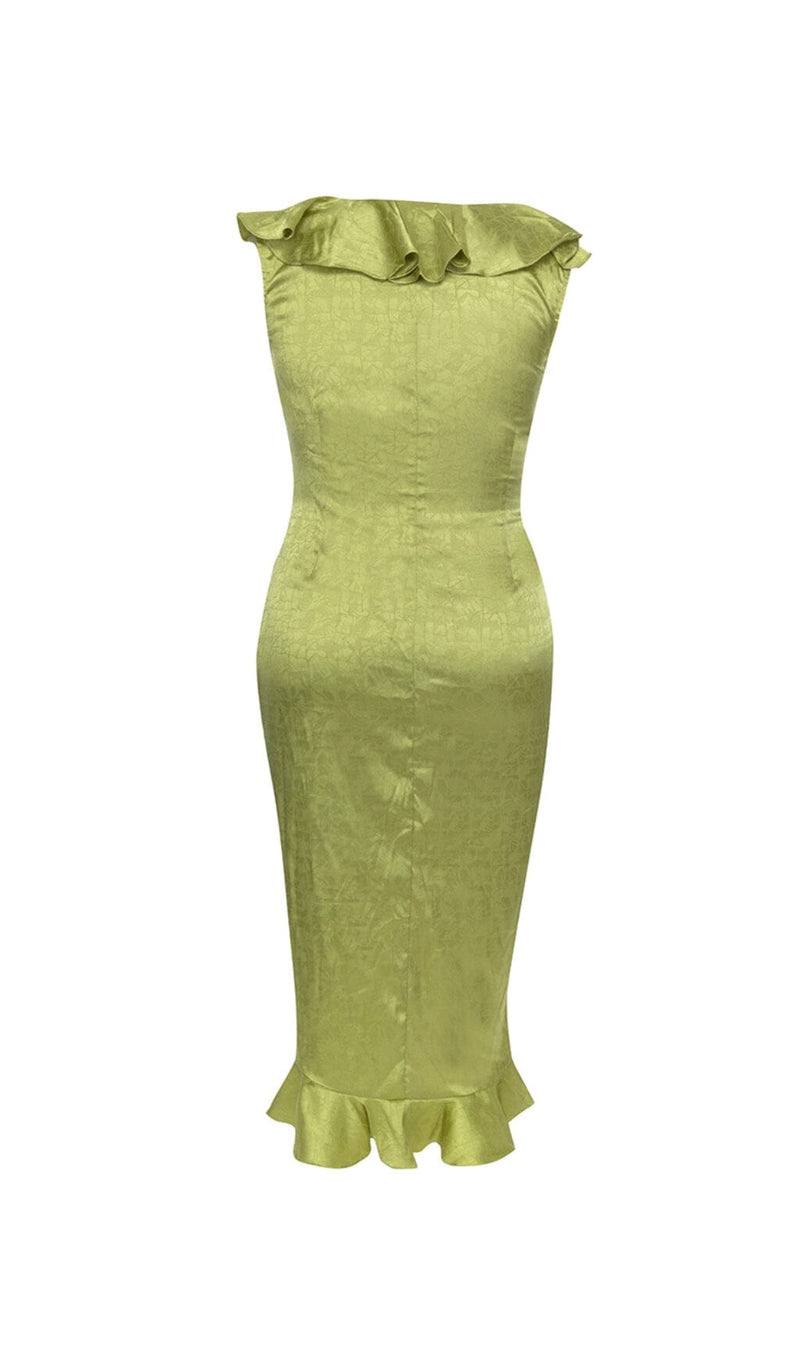 PLUS RUFFLE TRIM SATIN DRESS IN GREEN