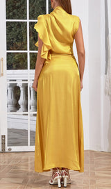 YELLOW MOCK NECK RUFFLE TRIM DRAPED DETAIL SATIN DRESS